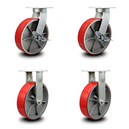 Service Caster 12 Inch Heavy Duty Red Poly on Metal Caster Swivel Lock/Brake 2 Rigid, 2PK SCC-KP92S1230-PUR-RS-SLB-BSL-2-R-2
